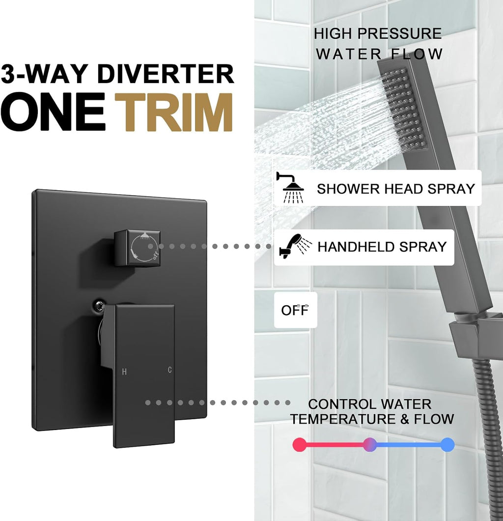 Lava Odoro Modern 2-Setting Square Shower System with Rain Shower Head and Handheld Spray Black, Rainfall Shower Faucet Set Chrome, Shower Valve and Trim Kit, Polished Chrome SF103-MB