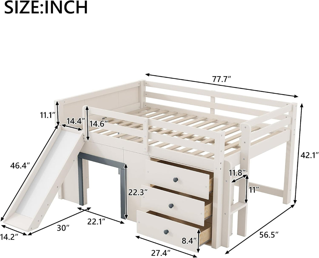 Harper & Bright Designs Low Loft Bed Full Size with Slide and Drawers for Saving Spcae, Wood Loft Bed Frame with Storage, Beige+Grey