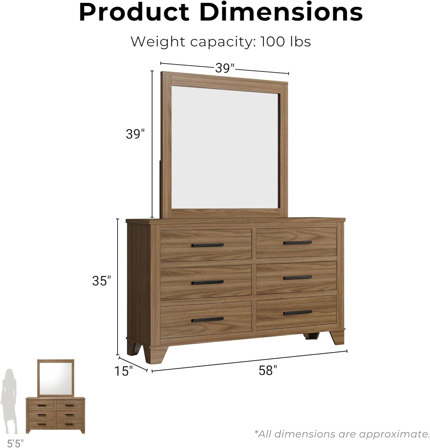 Furniture of America Nomal Modern Solid Wood 5-Piece Bedroom Set with Recessed Panel Headboard Bed, Metal Center Glide on Nightstands and Dresser with Mirror, Box Spring Needed, Queen, Chestnut Brown