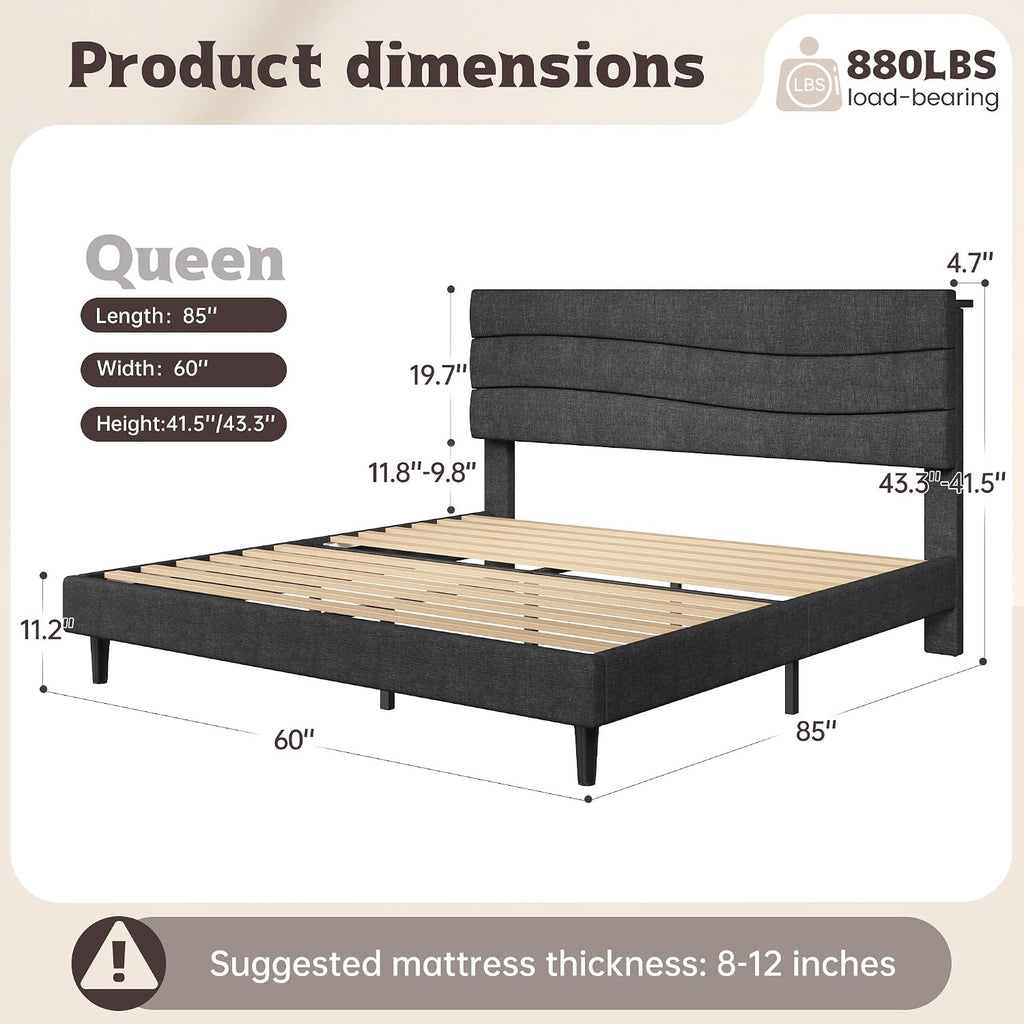EnHomee Queen Bed Frame with Adjustable Height Upholstered Headboard, 3 USB Charging Ports, Noise-Free Platform Bed, No Box Spring Needed, Grey