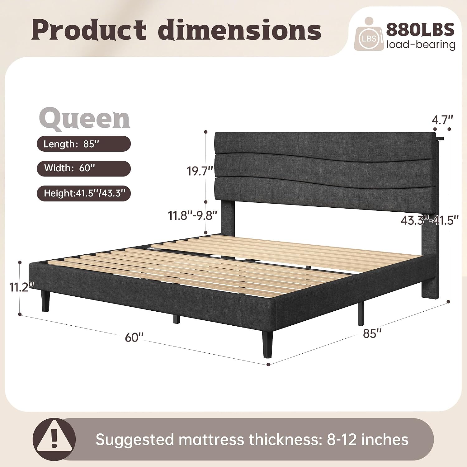 EnHomee Queen Bed Frame with Adjustable Height Upholstered Headboard, 3 USB Charging Ports, Noise-Free Platform Bed, No Box Spring Needed, Grey