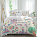Children's Day Duvet Cover Set Queen Size 4 Pieces Cartoon Sun Airplanes Castles Kites Boat Balloon Beige Bedding Set with Zipper Closure, 1 Comforter Cover 90x92 Inches 1 Flat Sheet & 2 Pillow Cases