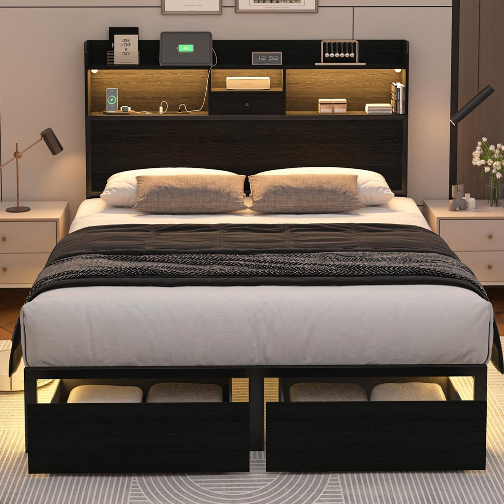 Full Size Bed Frame with Tall Headboard and LED Lights, 51.2' Bookcase Black Bed Frame Full with Storage Drawers and Charging Station, Platform Metal Bed Frames, No Box Spring Needed, Black