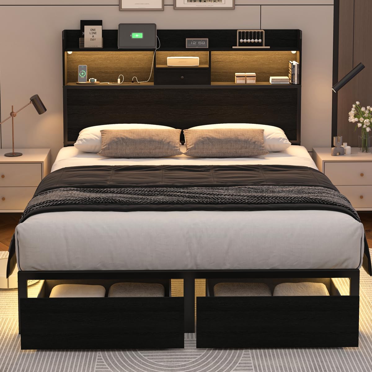 Full Size Bed Frame with Tall Headboard and LED Lights, 51.2' Bookcase Black Bed Frame Full with Storage Drawers and Charging Station, Platform Metal Bed Frames, No Box Spring Needed, Black
