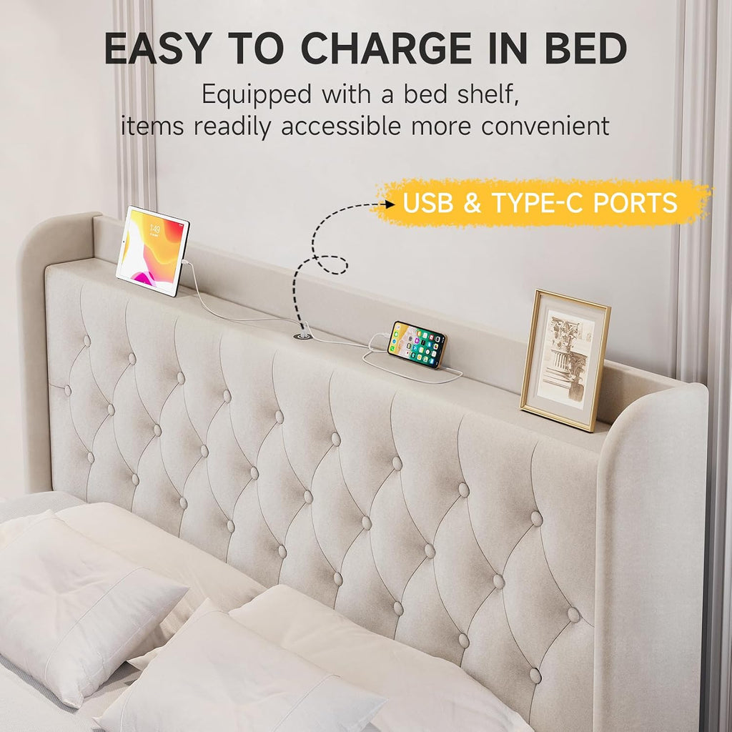 koorlian King Velvet Bed Frame, Adjustable Upholstered Platform Bed Frame with Type-C&USB Ports, Wingback Storage Headboard, Solid Wood Slats Support, No Box Spring Needed, Noise-Free, Beige