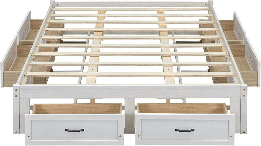 SOFTSEA Farmhouse Queen Size Bed Frame with 6 Drawers, Wood Storage Bed No Headboard with Support Slats, Solid Wood Platform Bed Frame with Drawers, No Box Spring Needed, Easy Assembly, Antique White