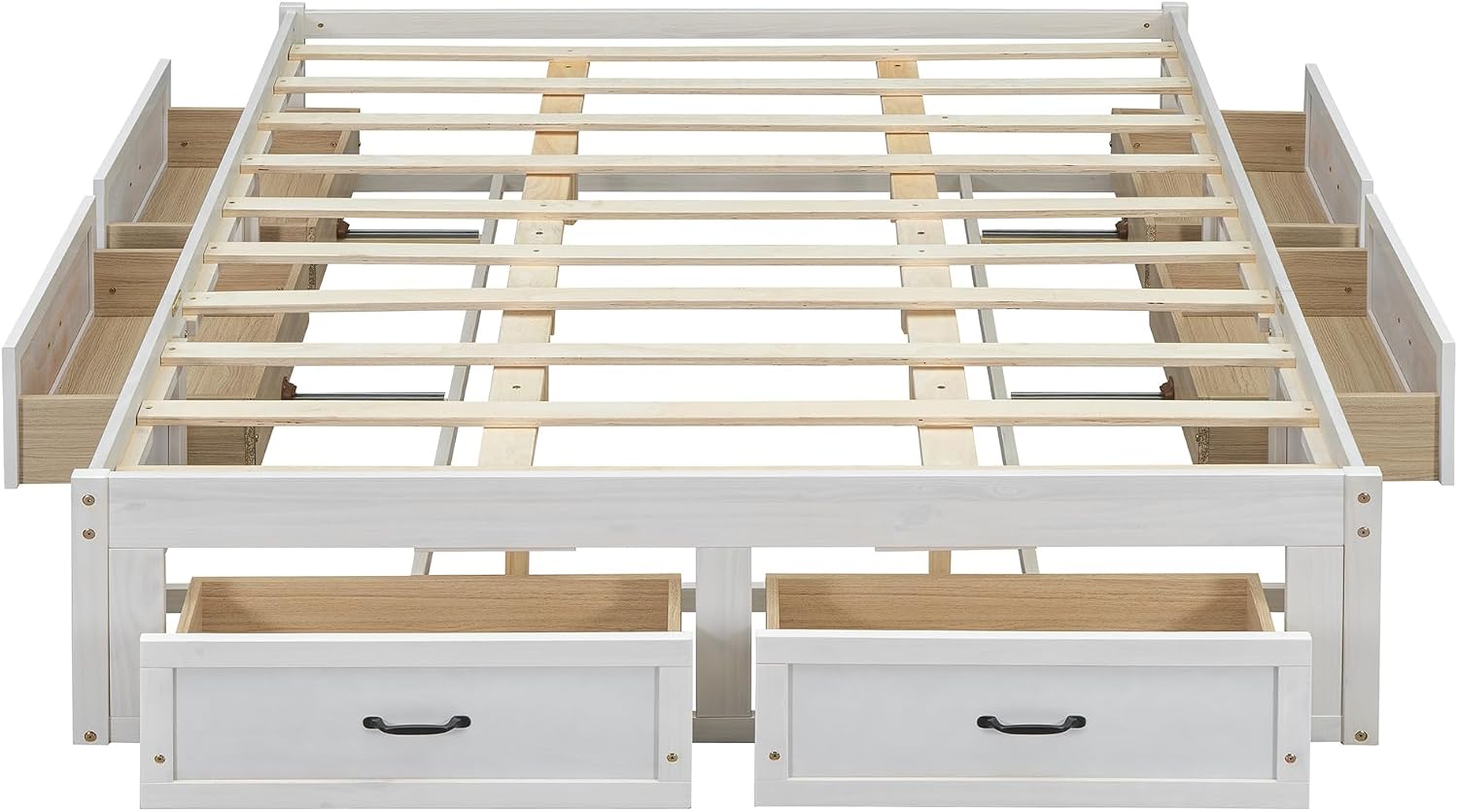 SOFTSEA Farmhouse Queen Size Bed Frame with 6 Drawers, Wood Storage Bed No Headboard with Support Slats, Solid Wood Platform Bed Frame with Drawers, No Box Spring Needed, Easy Assembly, Antique White