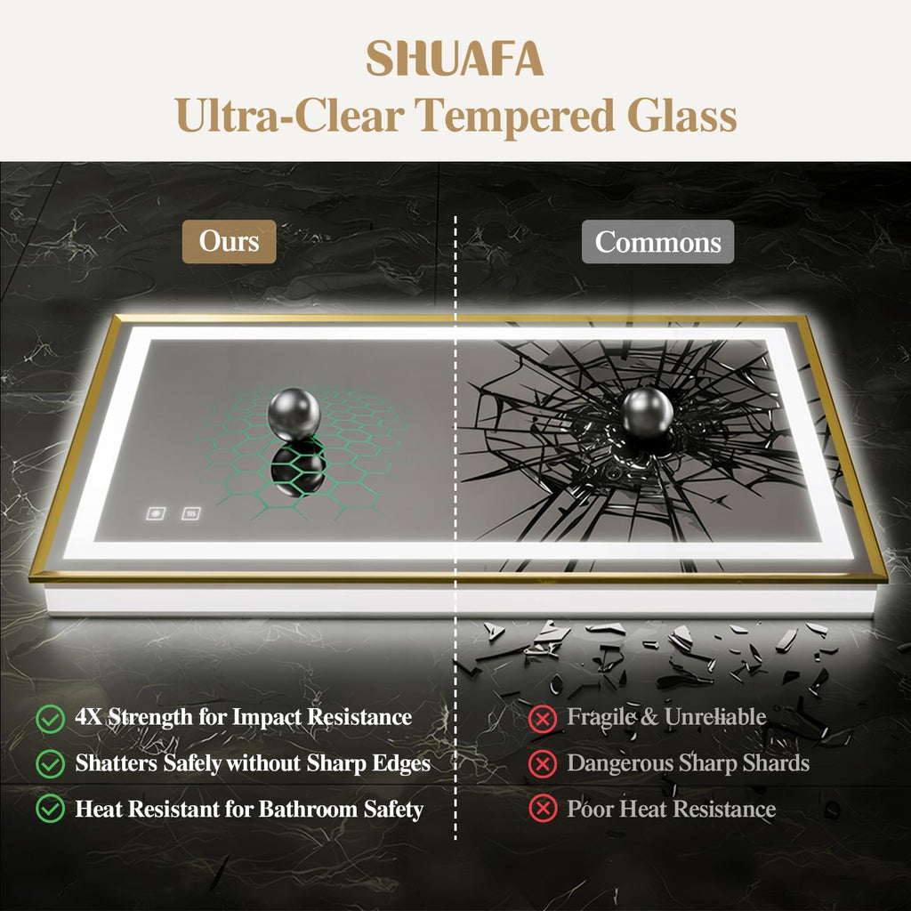 30X36 Inch LED Bathroom Mirror with Lights, Gold Frame Frontlit+ Backlit Bathroom Vanity Mirror for Wall, Ultra-Clear Tempered Glass, Shatter-Proof, Anti-Fog and Memory Function, ETL Listed