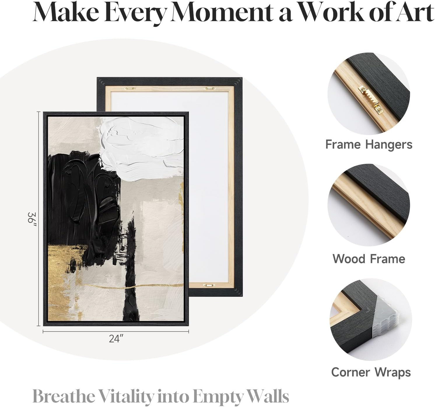 Framed Black White and Gold Abstract Wall Art for Living Room, Set of 2 Modern Minimalist Canvas Artwork for Walls, Large Neutral Pictures Prints for Bedroom Home Office Hallway Wall Decor, 24x36 Inch