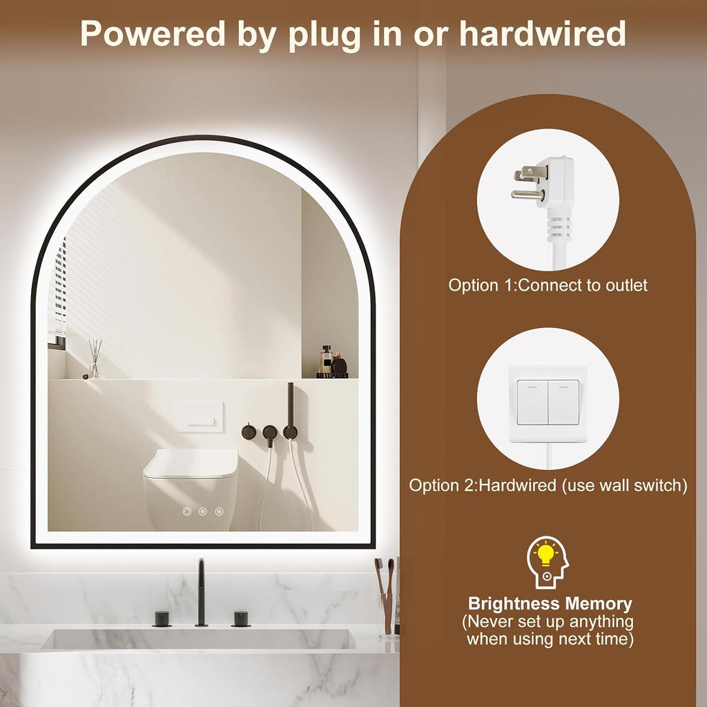 30.1'x36.1' Arched LED Mirror for Bathroom,Black Lighted Bathroom Mirror with Lights-Fogless, Dimmable, 3 Color Changing, Shatterproof, Touch Sensor