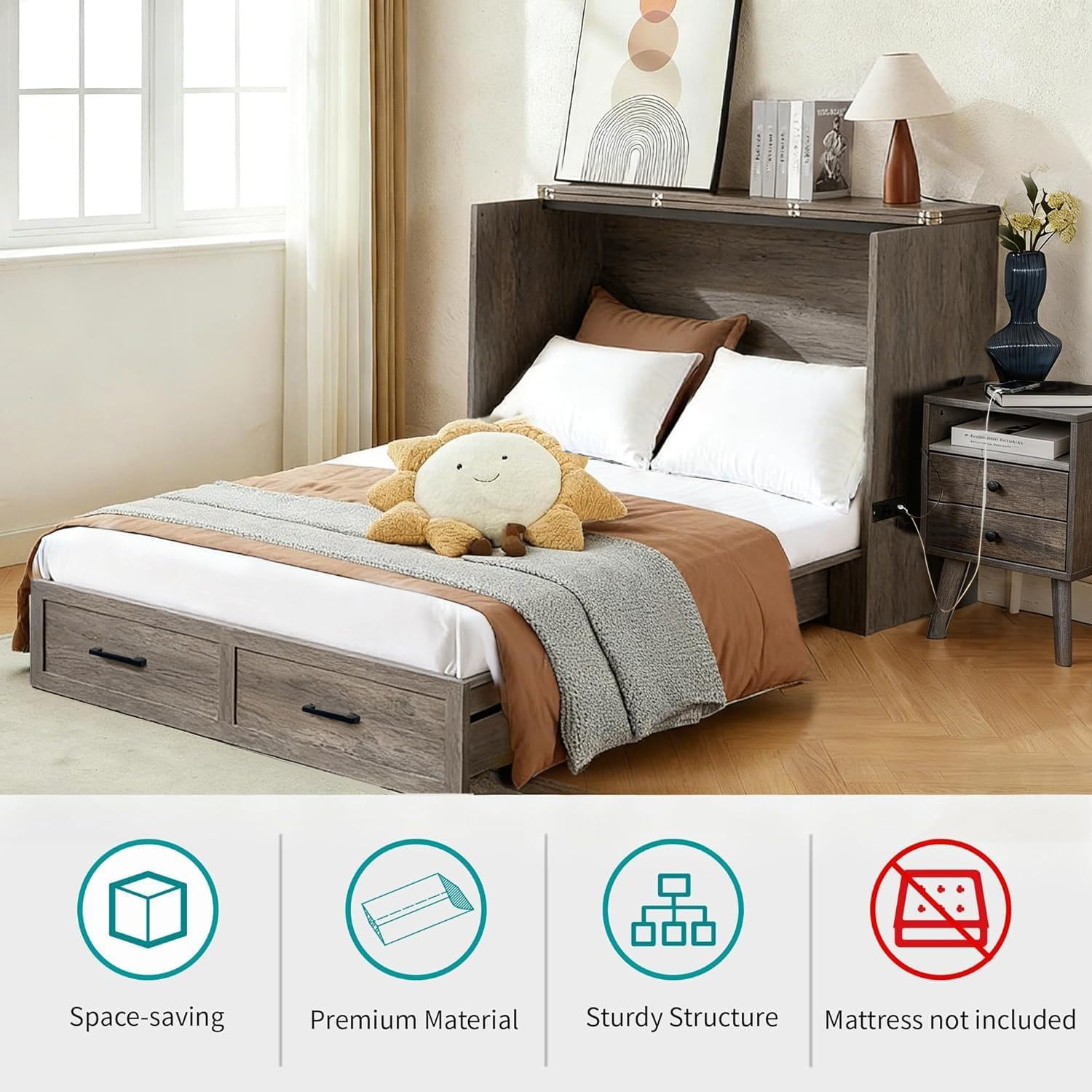 Queen Murphy Bed Cabinet with Charging Station and Storage, Farmhouse Foldable Platform Bed for Bedroom, Living Room, Guest Bedroom,Home Office,Rutic Grey (Queen Size)