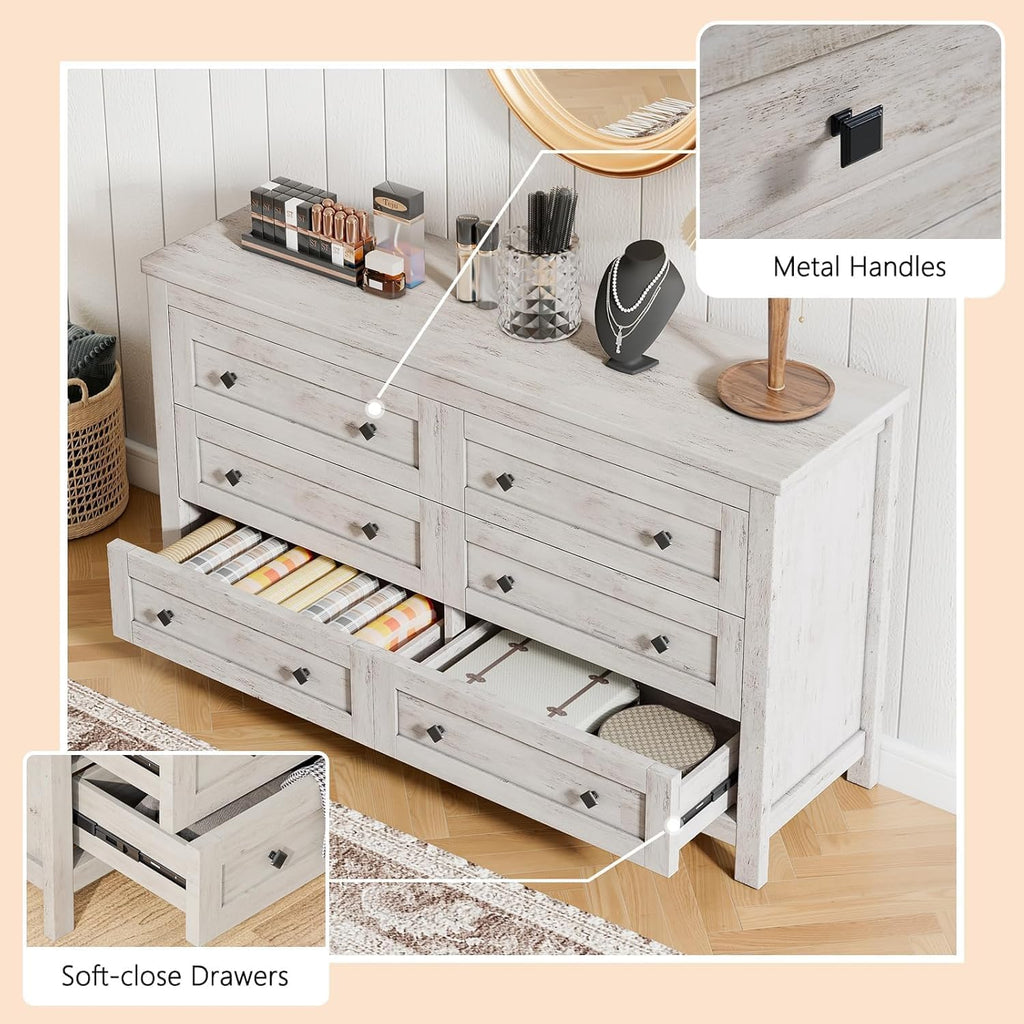 LUXOAK Bedroom Dresser and Nightstand 3 Piece Set, 1 X Wood Rustic 6 Drawer Storage Dresser, 2 X Farmhouse Nightstand with Charging Station, Farmhouse Bedroom Furniture Set, Rustic White