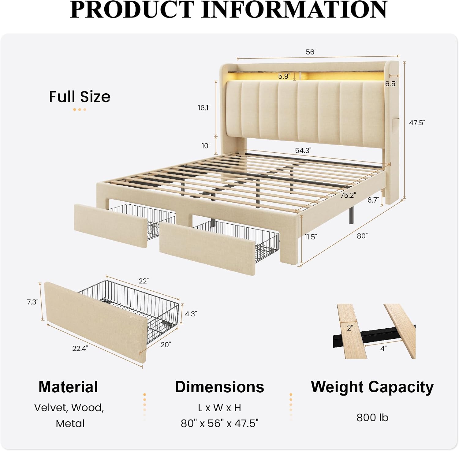 SHA CERLIN Full Size Platform Bed Frame with Vertical Channel Tufted Wingback Headboard & 2 Storage Drawers/2-Tier Shelves with LED Lights & Charging Station/Noise-Free/No Box Spring Needed/Beige