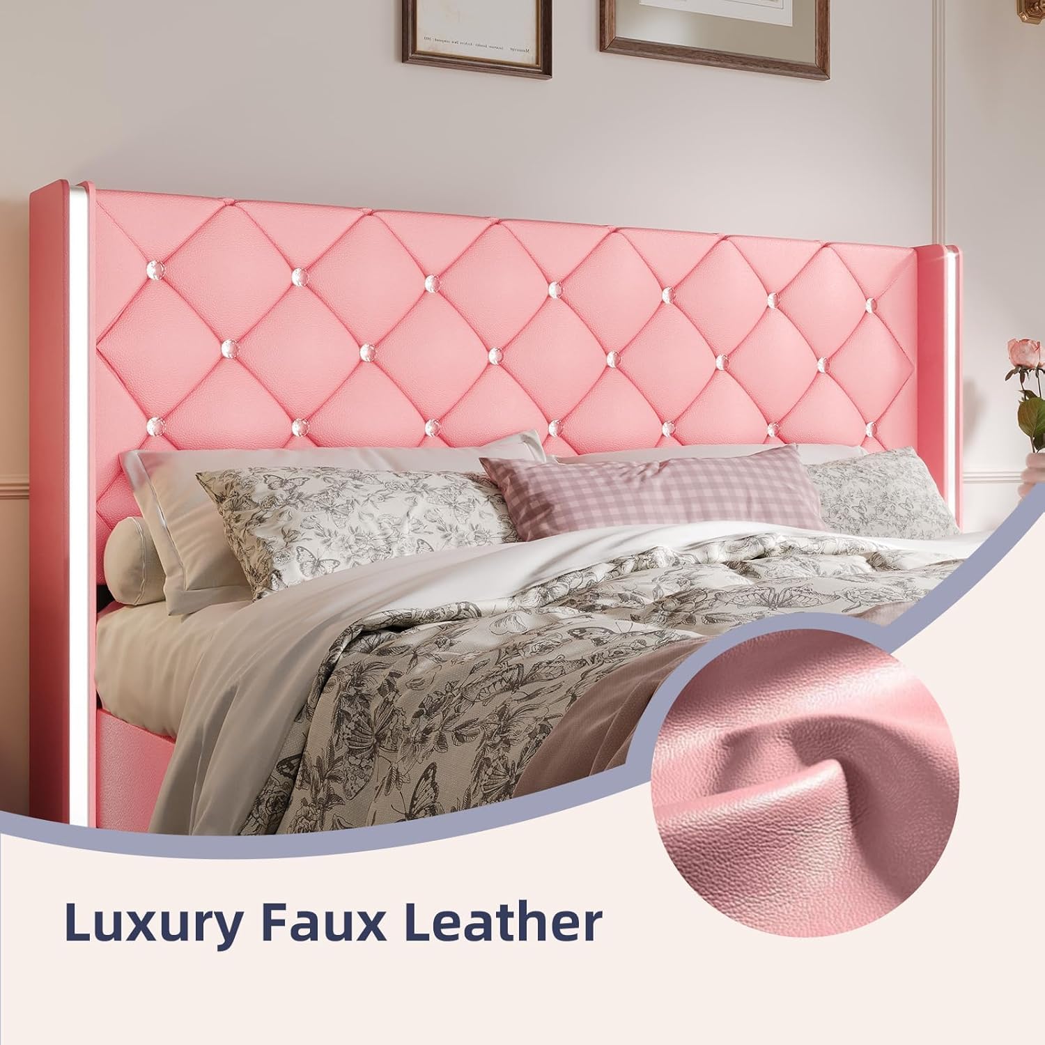 HOMBCK King Bed Frame and Headboard, Faux Leather Upholstered Bed with Wingback Design, Pink Bed Frame with Diamond, No Box Spring Needed, Easy Assembly, Pink