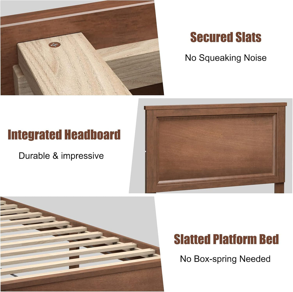 KOMFOTT Twin Size Wood Platform Bed Frame with Headboard, Wooden Mid Century Platform Bed with Slat Support & Under Bed Storage, Mattress Foundation Bed Base, No Box Spring Needed, Walnut