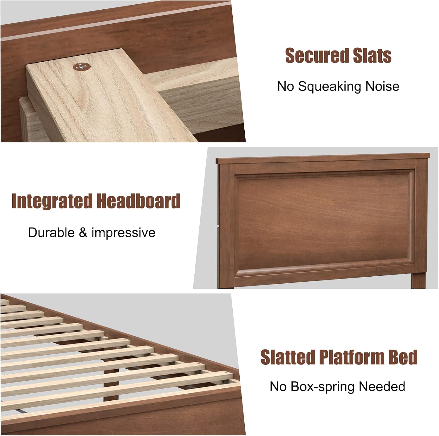 KOMFOTT Twin Size Wood Platform Bed Frame with Headboard, Wooden Mid Century Platform Bed with Slat Support & Under Bed Storage, Mattress Foundation Bed Base, No Box Spring Needed, Walnut