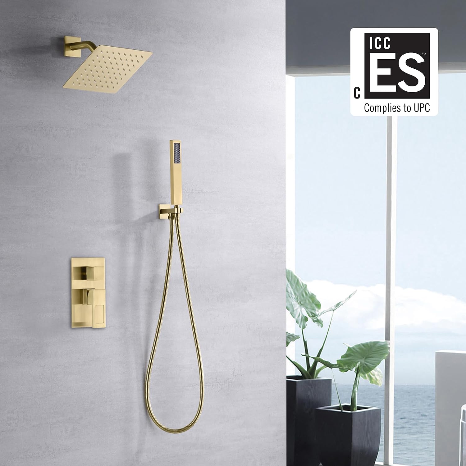 sumerain Rain Shower System Brushed Brass Dual Functions Shower Faucet Complete Set Including 8' Shower Head, Rough-In Valve Body and Trim