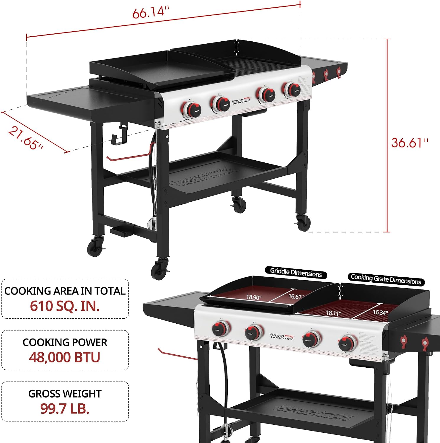 GD403 4-Burner Propane Gas Grill and Griddle Combo with Folding Legs, 48,000 BTUs, Portable Griddle Grill Combo for Outdoor Cooking While Camping or Tailgating, Black & Silver