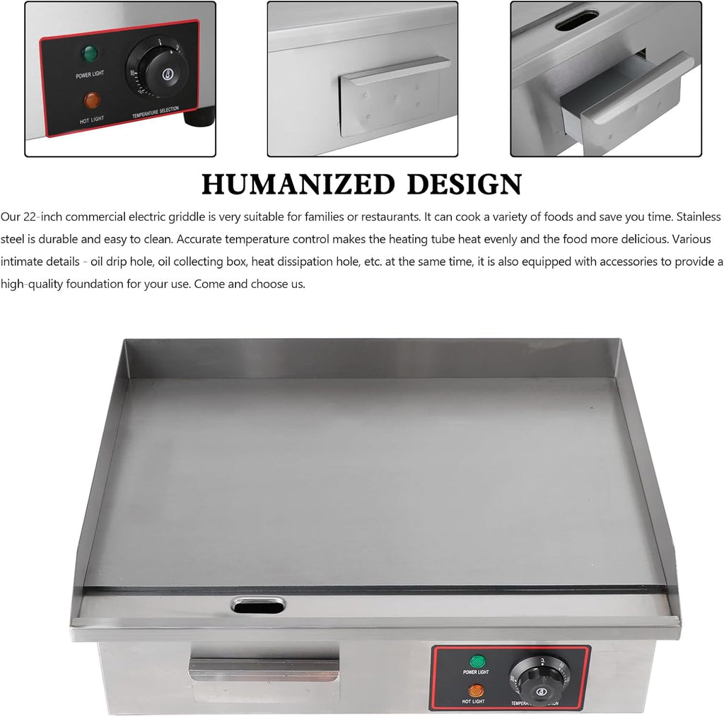 Topteng Commercial Electric Griddle 22 Inch, Commercial Griddle Electric Flat Top Griddle Stainless Steel Countertop Griddle Grill 3000W with Drip Hole, 50-300℃ Griddle for Home Restaurants