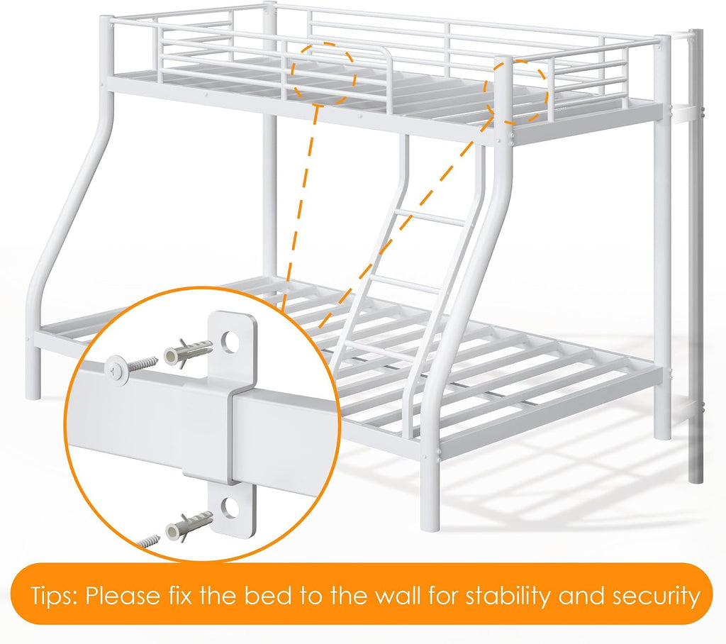 Bunk Beds Twin Over Full Size, Heavy Duty Bunk Beds with Bottom Space & Guardrail Metal Bunk Bed Frame for Adults - Dorm Bedroom Guest Room, No Box Spring Needed（Upgrate White）