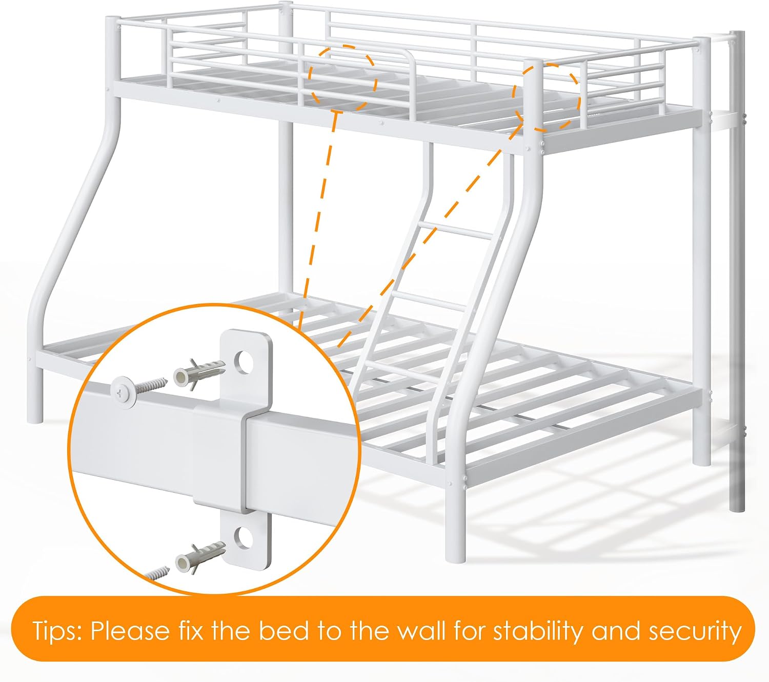 Bunk Beds Twin Over Full Size, Heavy Duty Bunk Beds with Bottom Space & Guardrail Metal Bunk Bed Frame for Adults - Dorm Bedroom Guest Room, No Box Spring Needed（Upgrate White）