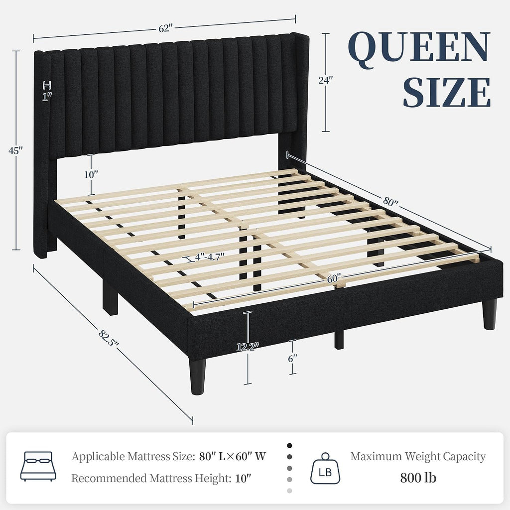 Yaheetech Queen Bed Frame Upholstered Platform Bed with Fabric Headboard, Wing Edge Design/Non-Slip and Noise-Free/Wooden Slats Support/No Box Spring Needed/Easy Assembly, Black Queen Bed