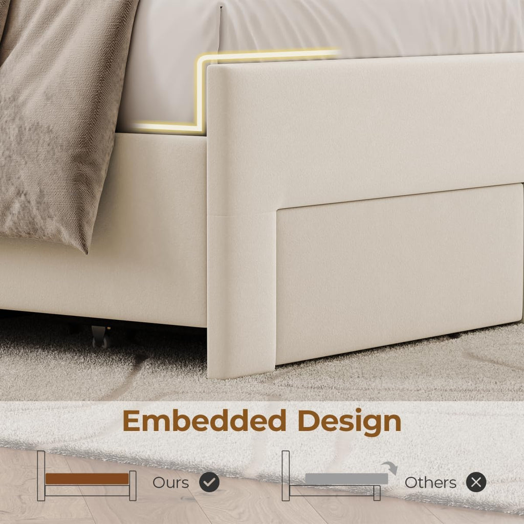 Full Size Bed Frame with Storage Drawers and Wingback Headboard, Velvet Upholstered Full Bed Frames Platform Bed with LED Lights, Wooden Slats Support, No Box Spring Needed, Noise-Free, Beige