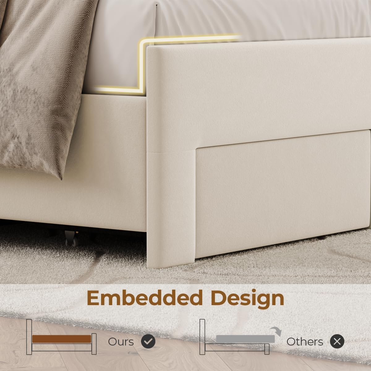 Full Size Bed Frame with Storage Drawers and Wingback Headboard, Velvet Upholstered Full Bed Frames Platform Bed with LED Lights, Wooden Slats Support, No Box Spring Needed, Noise-Free, Beige
