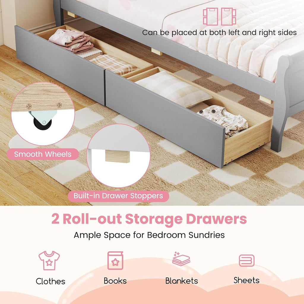 KOMFOTT Twin Bed with 2 Drawers, Twin Storage Bed with Headboard & Footboard, Sleigh Wood Bed Frame with Wooden Slats Support for Kids, Teens, Adults, No Box Spring Needed, Grey