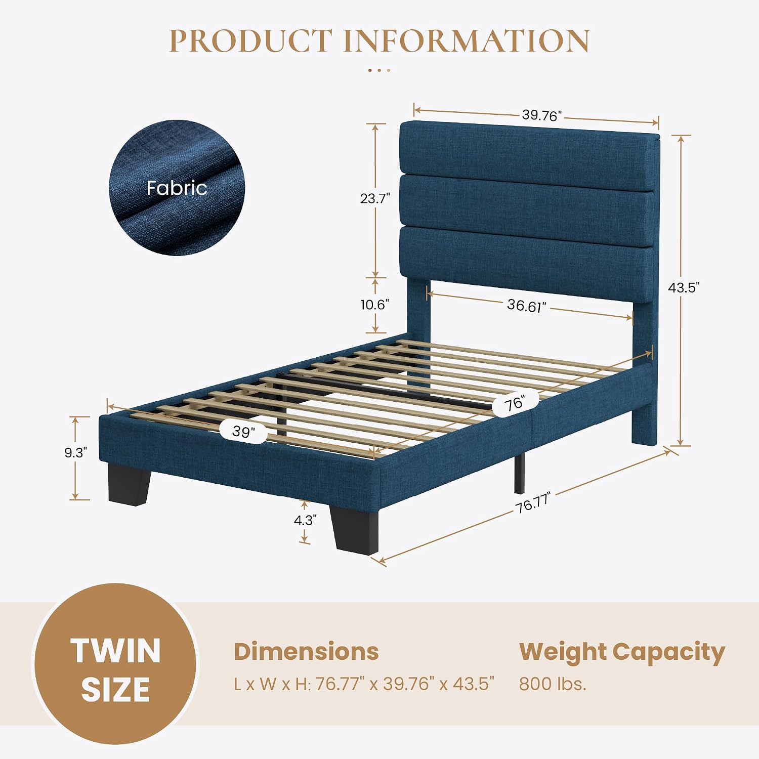 SHA CERLIN Twin Platform Bed Frame with Upholstered Fabric Headboard, Mattress Foundation with Strong Wooden Slats Support, No Box Spring Needed, Navy Blue