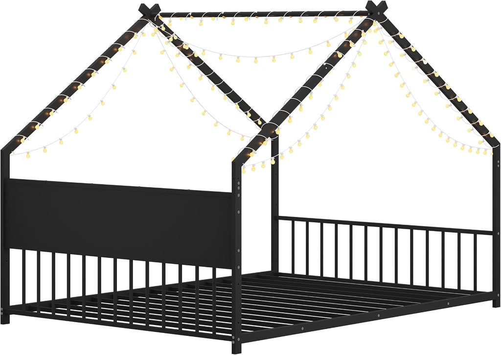 Bellemave Full Floor BedFrame with Slats for Kids, Metal Montessori Floor Beds with high headboard, Full House Bed for Kids, Black with roof and Lights