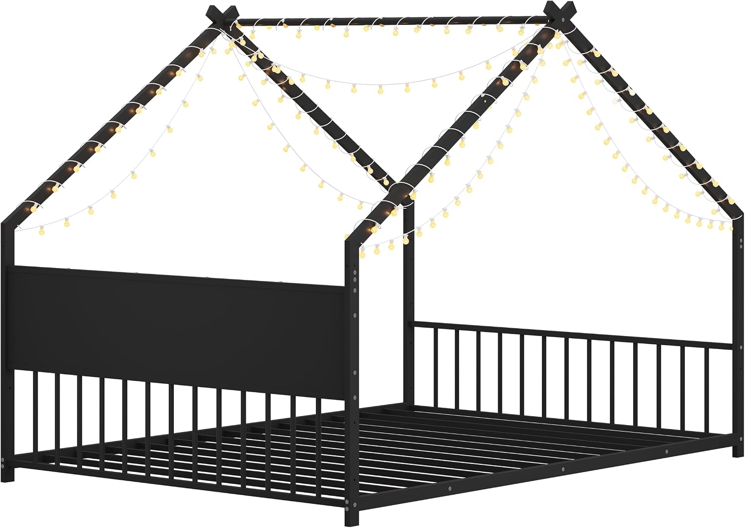 Bellemave Full Floor BedFrame with Slats for Kids, Metal Montessori Floor Beds with high headboard, Full House Bed for Kids, Black with roof and Lights