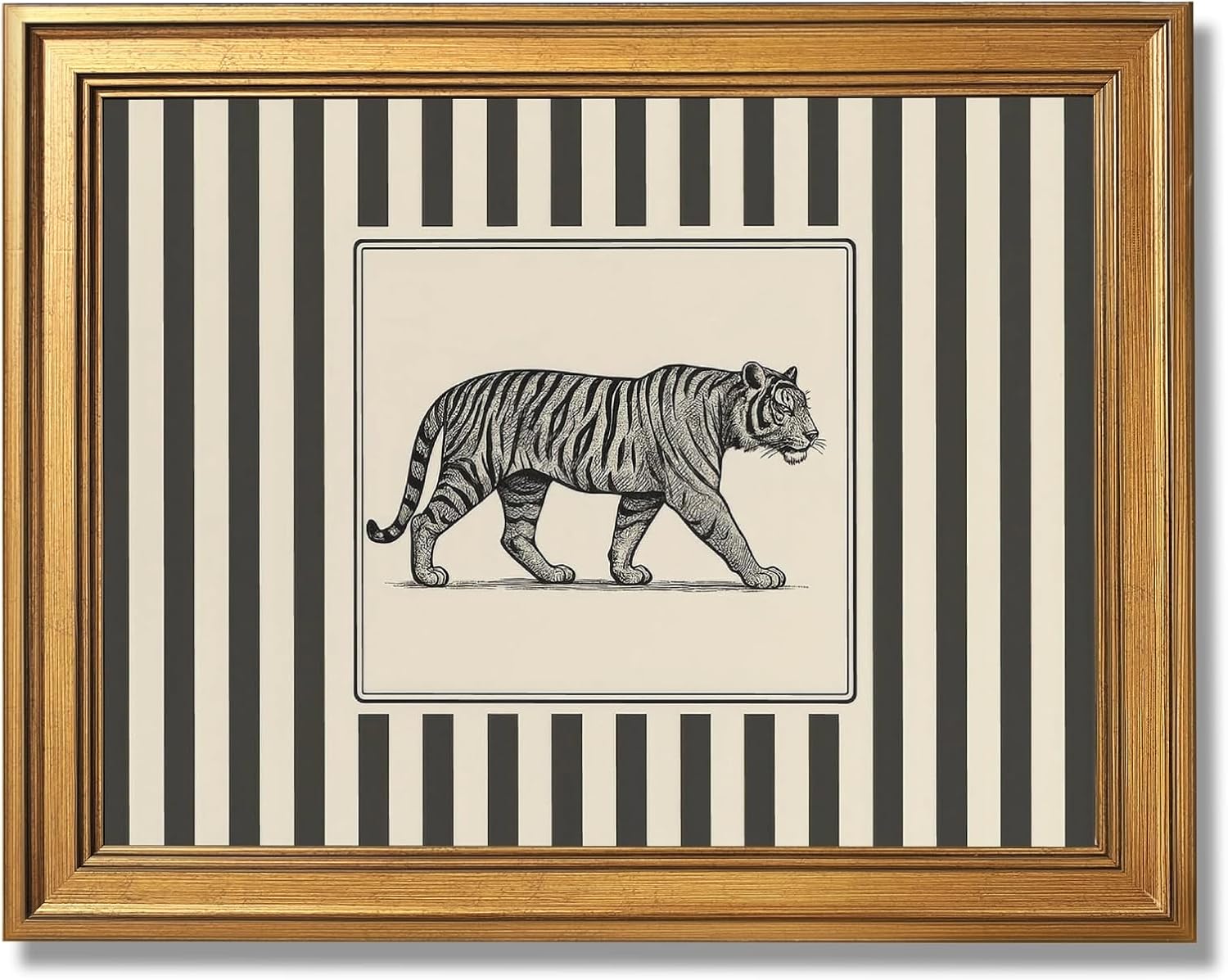 Gold Framed Vintage Tiger Wall Art Black and White Striped Wild Animal Poster Retro Jungle Big Cat Wildlife Canvas Print Botanical Safari Minimalist Exotic Artwork for Home Office Decor 24x36inch
