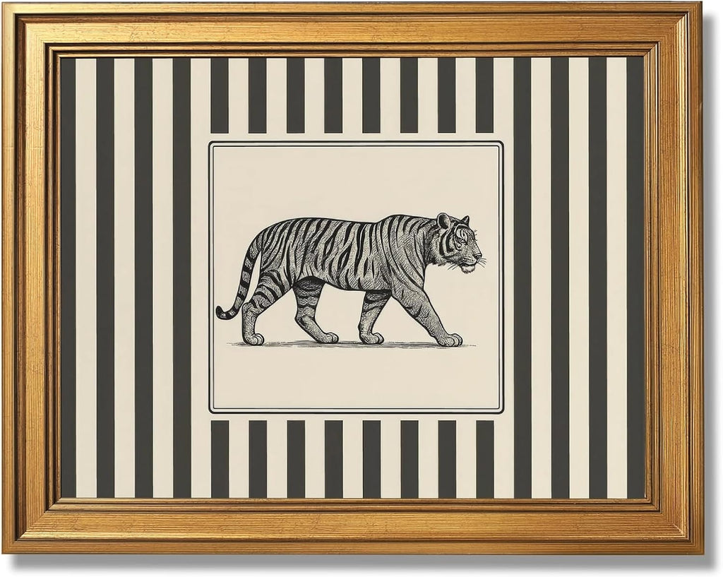 Gold Framed Vintage Tiger Wall Art Black and White Striped Wild Animal Poster Retro Jungle Big Cat Wildlife Canvas Print Botanical Safari Minimalist Exotic Artwork for Home Office Decor 20x30inch