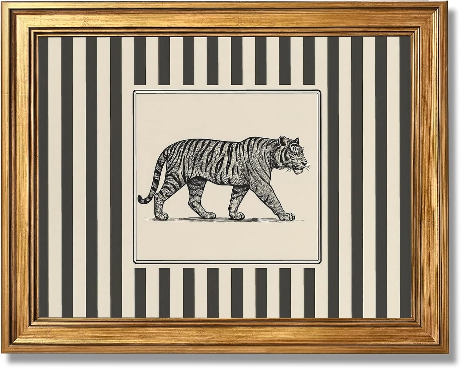 Gold Framed Vintage Tiger Wall Art Black and White Striped Wild Animal Poster Retro Jungle Big Cat Wildlife Canvas Print Botanical Safari Minimalist Exotic Artwork for Home Office Decor 20x30inch