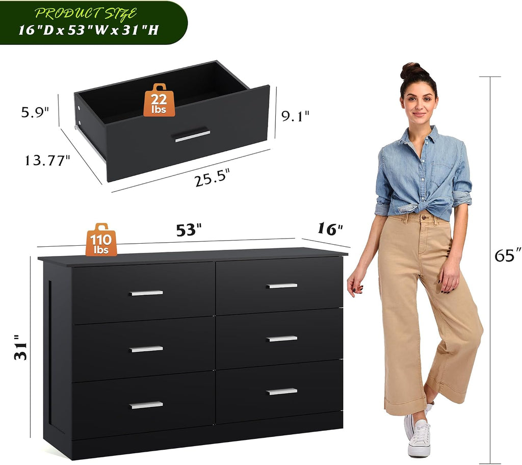 WLIVE Wood Dresser for Bedroom, Black 53'' Wide Chest of Drawers with 6 Drawer, Oak Furniture Large Storage Tower Unit, Closet Store Organizer for Living Room, Hallway, TV Stand, Modern Minimalist