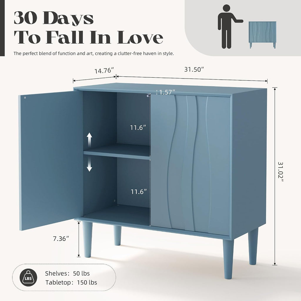 Easyego 31.5″ Mid Century Modern Sideboard Buffet Cabinet, Blue Wood Accent Storage with 2 Doors & Adjustable Shelves for Living Room, Entryway, Dining Room