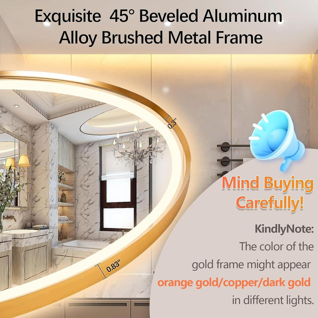 40'x24' Oval LED Bathroom Mirror with Lights, Gold Anti Fog Lighted Vanity Mirror Wall Mounted, LED Oval Mirror with 3 Colors, Memory, ShatterProof, Front/Backlit, Horizontal/Vertical