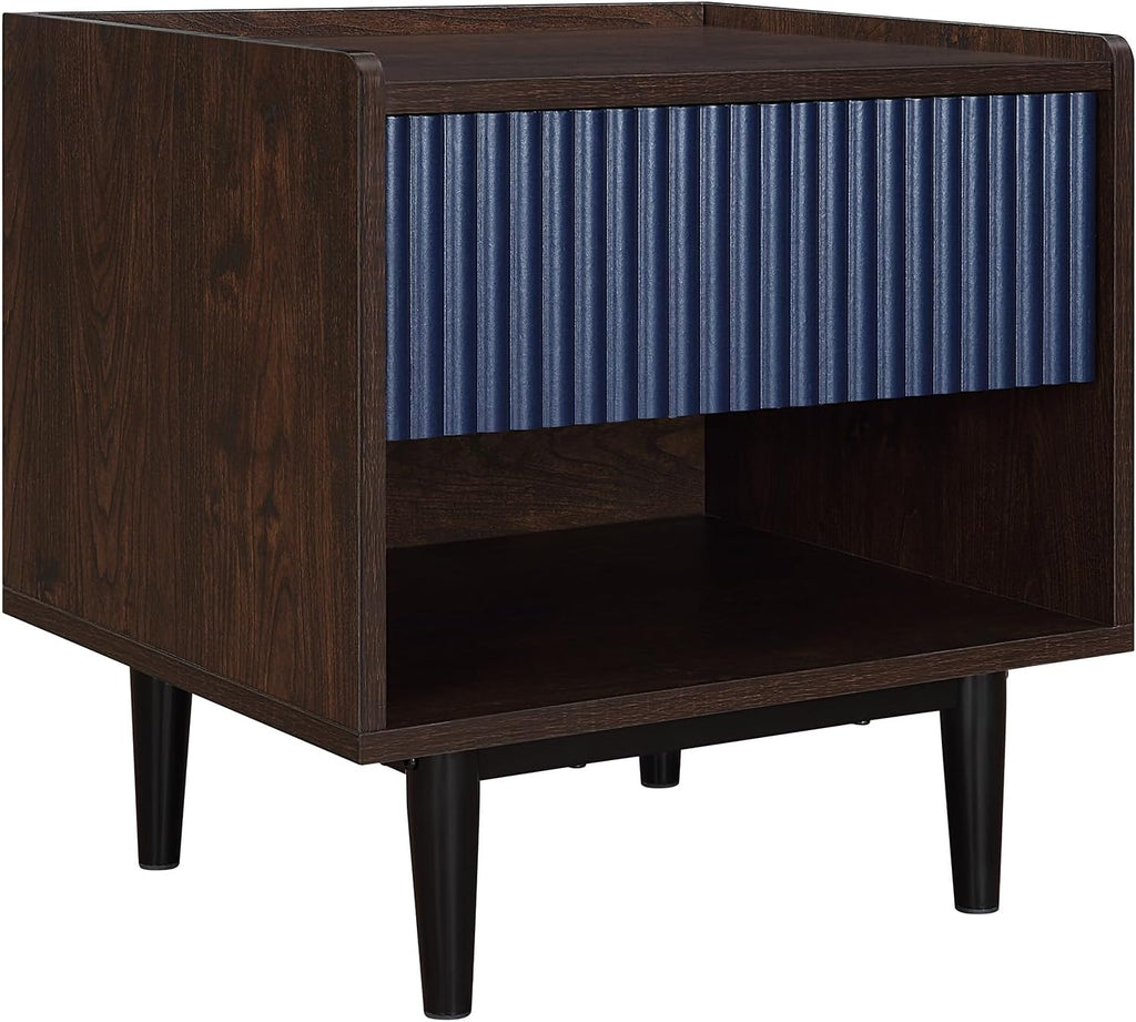 Manhattan Comfort Duane Fluted Nightstand with Full Extension Drawer and Open Shelf, Steel Legs, Bedside Table, Industrial Chic Accent Table for Living Room, Entryway and Bedroom in Navy Blue