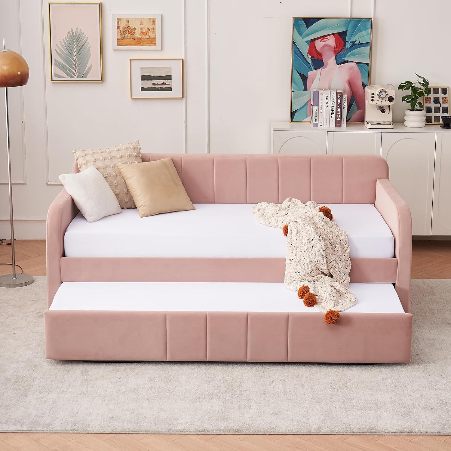 Deolme Twin to King Daybed with Trundle, USB Ports, Velvet Upholstered Daybed with Pop Up Trundle Bed, Modern Extendable Day Bed Frame for Kid Adult Bedroom Living Room Guest Room Small Places Pink