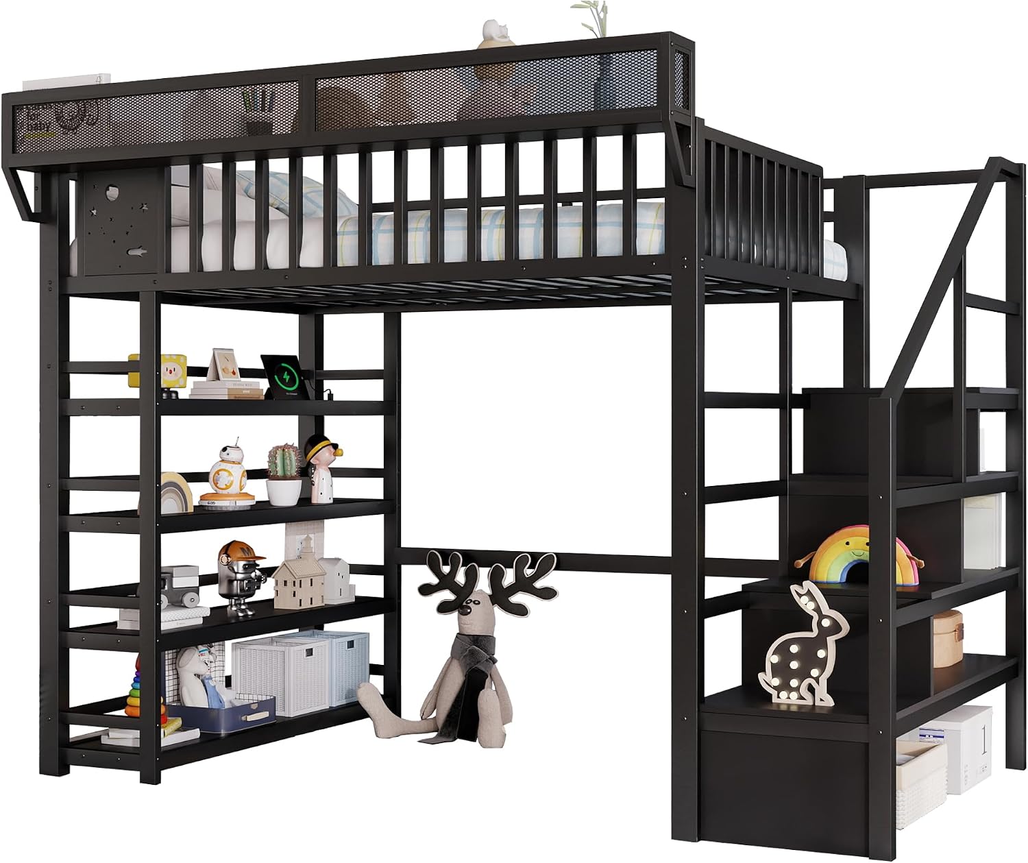 Full Size Metal Loft Bed with RGB Lights and Charging Station,High Loft Beds with 4 Shelf Bookcase and Storage Stairs,Heavy Duty Bed Frame with High Guardrail for Kids Teens,Black
