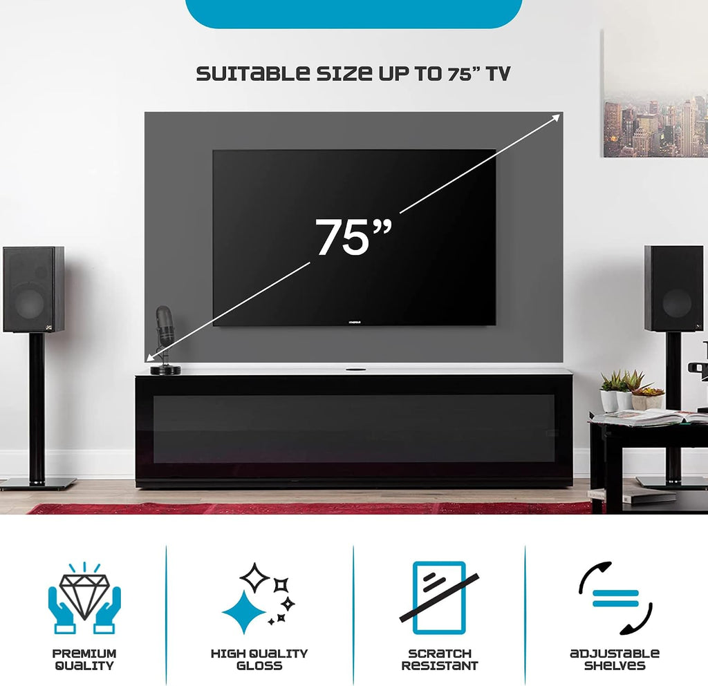 SONOROUS ST-160 Premium TV Stand with Black Glass Cover & White Wood - Luxury Entertainment Center & Media Console for Living Room - High Gloss Modern TV Cabinet up to 75 Inches - Sleek Storage Design