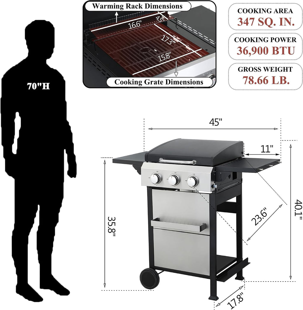 3-Burner Flat Top Propane Gas Grill Stainless Steel Griddle Combo with Foldable Side Table, 36,900 BTU Outdoor BBQ Grill, Porcelain-Enameled Cast Iron Grids, for Backyard, Patio Cooking