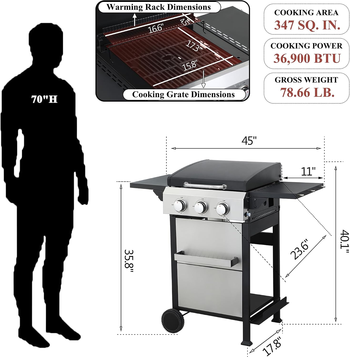 3-Burner Flat Top Propane Gas Grill Stainless Steel Griddle Combo with Foldable Side Table, 36,900 BTU Outdoor BBQ Grill, Porcelain-Enameled Cast Iron Grids, for Backyard, Patio Cooking