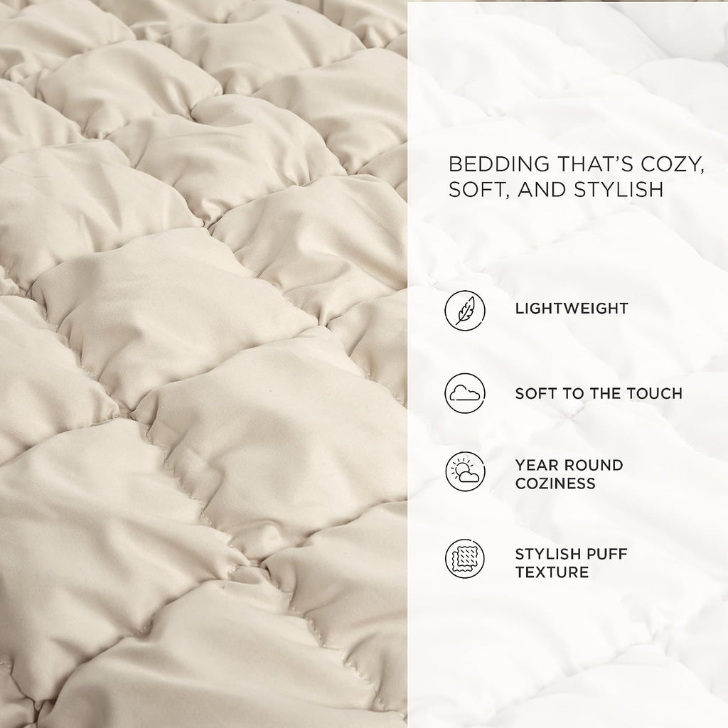 Lush Decor Puff Quilted Comforter Set, 3 Piece Set, Full/Queen, Neutral - Teen Bedding Set - Super Soft Comforter - Neutral Dorm Decor - Textured Minimalist & Modern Bedroom Decor