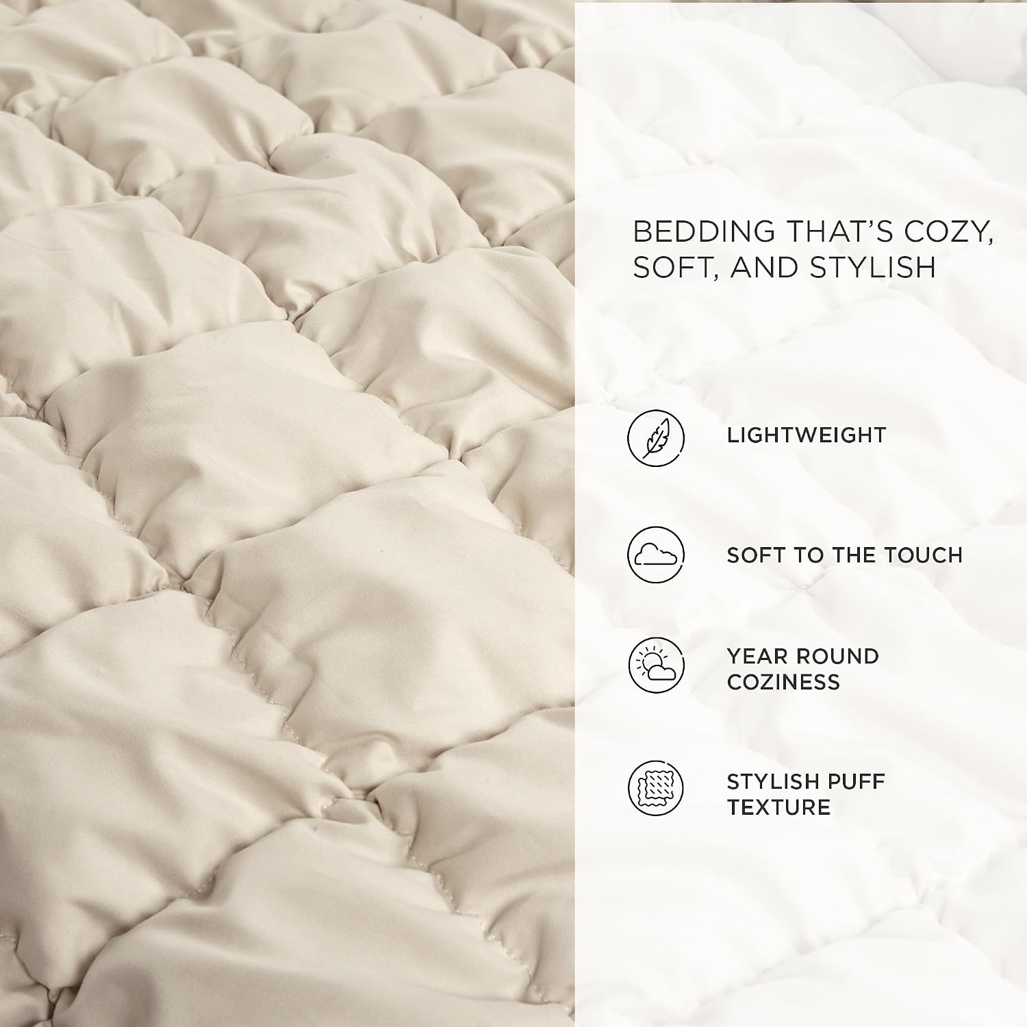 Lush Decor Puff Quilted Comforter Set, 3 Piece Set, Full/Queen, Neutral - Teen Bedding Set - Super Soft Comforter - Neutral Dorm Decor - Textured Minimalist & Modern Bedroom Decor