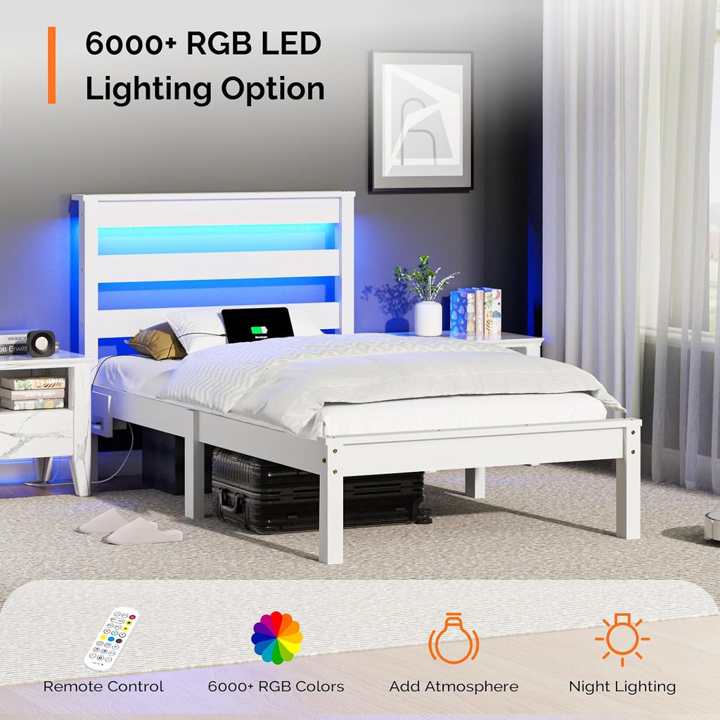 Bonnlo Solid Wood Twin Size Bed Frame with Storage Shelf Headboard, Charging Station and LED Lights, White Platform Panel Bed for Kids,Teens Adults, Mattress Foundation Replacement