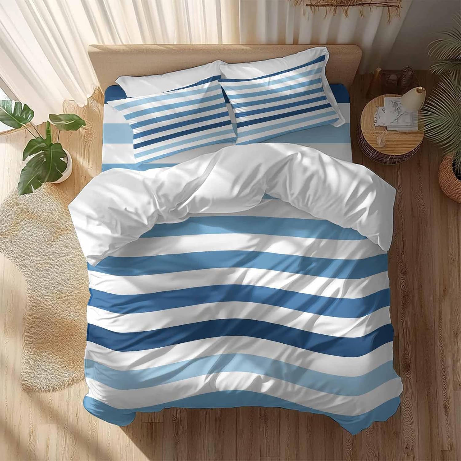 Prime Leader Gradient Blue White Striped Duvet Cover Set Queen Size 4 Pieces Modern Minimalist Lines Bedding Set with Zipper Closure, 1 Comforter Cover 90x92 Inches 1 Flat Sheet & 2 Pillow Cases