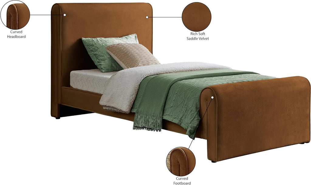Meridian Furniture SloanSaddle-T Sloan Collection Modern | Contemporary Velvet Upholstered Twin Bed with Rich Soft Saddle Velvet, Curved Headboard and Footboard, 44.5' W x 92' D x 45' H, Saddle, Twin