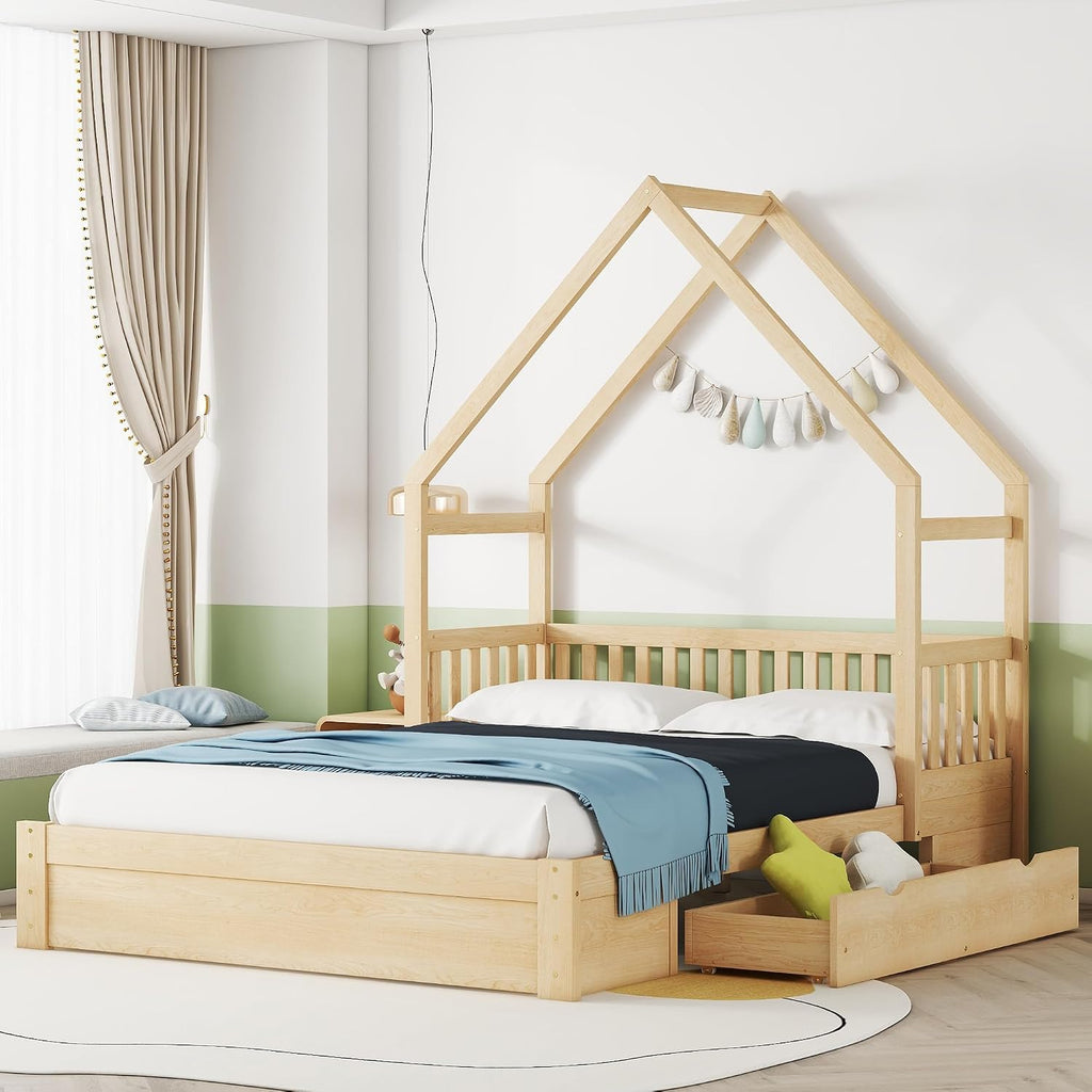 VilroCaz Wood Queen Size House Platform Bed with Safety Fence, Montessori Platform Bed with House Shape Headboard and 2 Drawers for Kids Boys Girls, Sturdy Slats Support (Natural-Q)